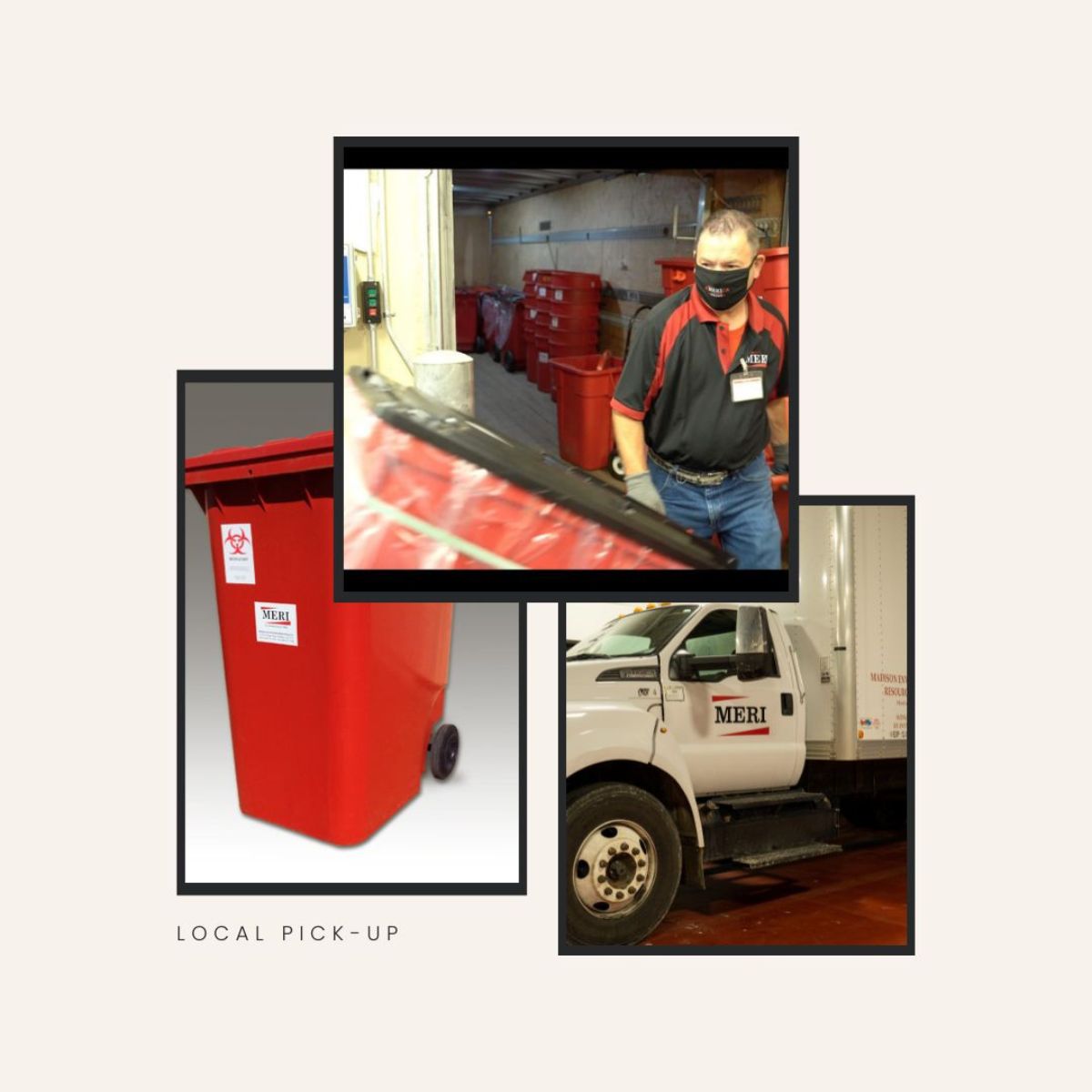 Local pickup of red waste containers off of a truck