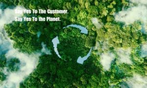 Overhead shot of trees and recycling symbol